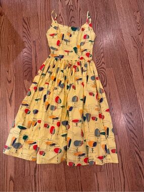 Bettie Page Yellow Cocktail Print Sundress with Red, Green & Blue Accents